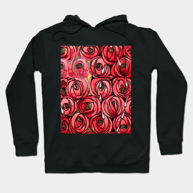 RED ROSES AND TEARDROPS Art Nouveau Floral Hoodie by BulganLumini